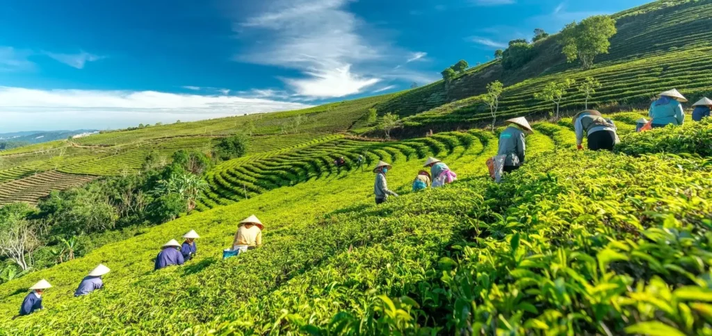 Hình ảnh người dân thu hoạch chè tại Tâm Châu Farm 